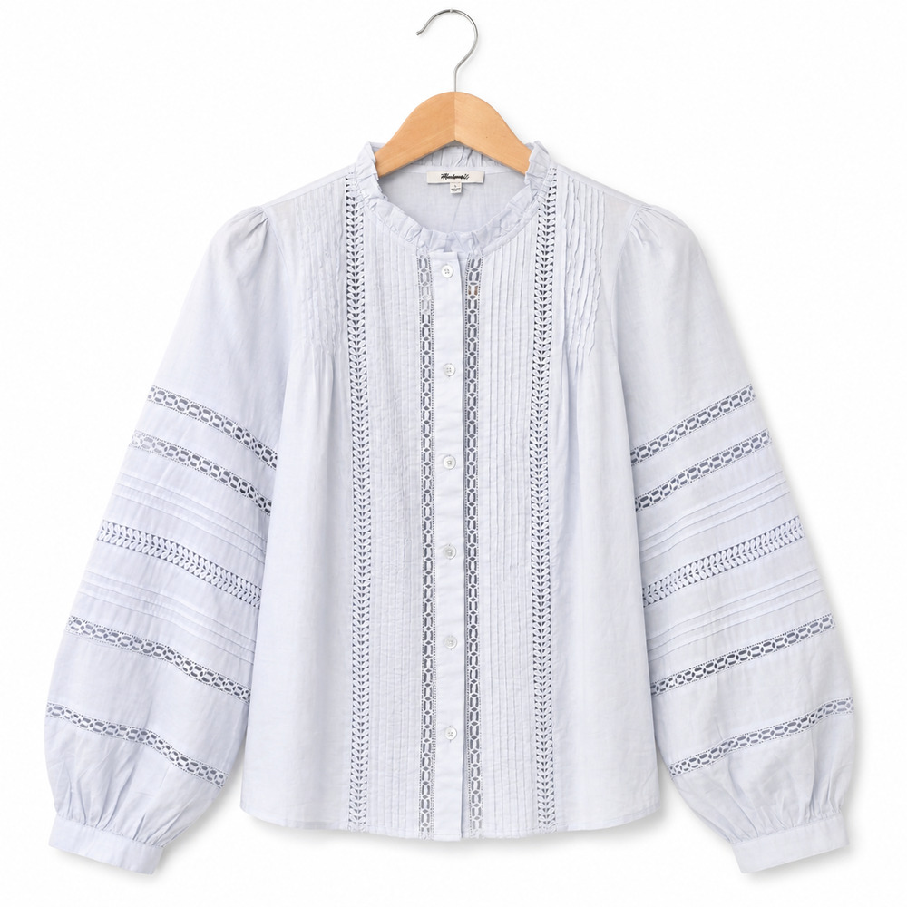 Madewell Top Womens Size Small Light Blue Lace Insert High Neck Pintuck NWT